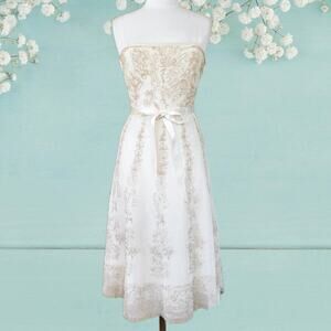 BCBGMazAzria Vintage Ivory Strapless Tulle Midi Dress XS A-line Embroidered